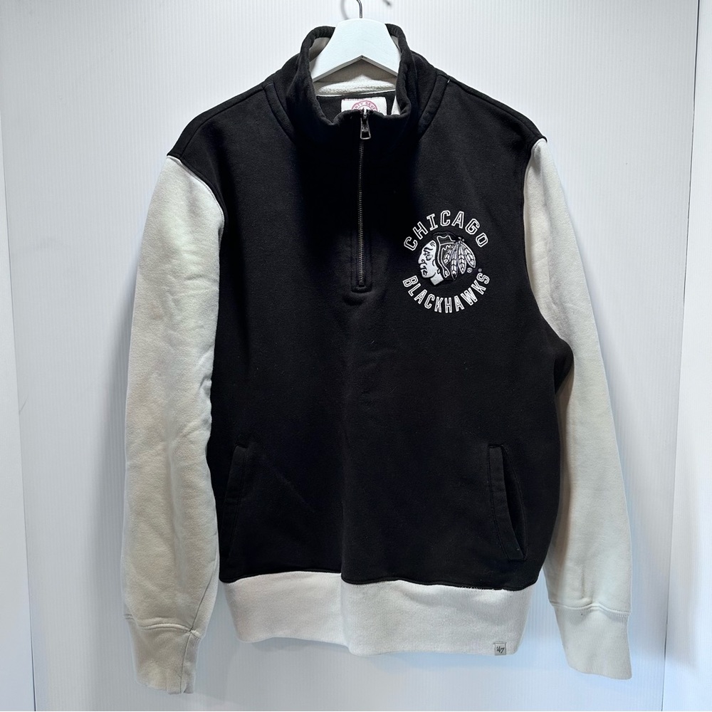 Forty‎ Seven Brand 47 Chicago Blackhawk 1/4 Zip Sweatshirt Men’s L Black White